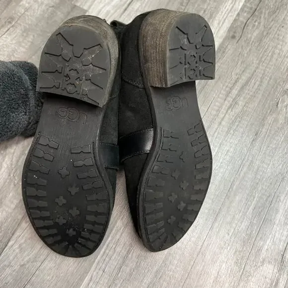 𝅺UGG Wright Belted Boots Booties Low Heel Black Suede Shearling Footbed Size 7 - Picture 5 of 11